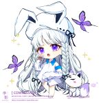  1girl animal animal_ears animal_hat bangs barefoot black_ribbon bow bowtie braid bug butterfly chibi collared_shirt commentary_request commission dress_shirt english_text fake_animal_ears fang flower fox full_body hair_ribbon hat highres holding holding_flower long_hair long_sleeves looking_at_viewer maplestory open_mouth pink_flower rabbit_ears raxa9501 ribbon shirt sleeves_past_fingers sleeves_past_wrists solo sparkle standing standing_on_one_leg twin_braids very_long_hair violet_eyes watermark web_address white_background white_hair white_headwear white_shirt yellow_bow yellow_bowtie 