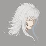  1boy ciel-nuage close-up closed_mouth eyelashes facial_tattoo grey_background hair_between_eyes long_eyelashes long_hair looking_at_viewer male_focus original simple_background solo tattoo upper_body white_hair 