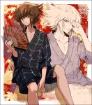  1boy aoki_(fumomo) bangs bare_legs black_kimono black_shorts border brown_eyes brown_hair closed_mouth collarbone drooling hair_between_eyes hand_fan highres holding holding_fan japanese_clothes kimono long_hair male_focus multicolored_hair open_mouth outside_border shiny shiny_hair short_shorts shorts sitting sketch two-tone_hair white_border yu-gi-oh! yu-gi-oh!_gx yuuki_juudai 