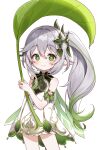  1girl absurdres armlet bangs bare_shoulders blush closed_mouth colored_tips cowboy_shot cross-shaped_pupils dot_nose dress female_child gem genshin_impact green_eyes green_gemstone hair_between_eyes hair_flaps hair_intakes hair_ornament hands_up highres holding holding_leaf leaf long_hair looking_at_viewer multicolored_hair nahida_(genshin_impact) pn_(wnsl216) pointy_ears short_dress side_ponytail sidelocks simple_background sleeveless sleeveless_dress smile solo streaked_hair thighs two-tone_hair water_drop wet wet_hair white_background white_dress 