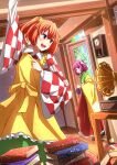  2girls absurdres analog_clock apron arm_up bangs bell blunt_bangs blush bob_cut book book_stack clock day door hair_bell hair_ornament hieda_no_akyuu highres indoors long_sleeves looking_at_another motoori_kosuzu multiple_girls open_mouth phonograph pink_hair shimotsuki_aoi short_twintails smile teeth touhou twintails upper_teeth violet_eyes yellow_apron 