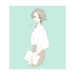  1girl aqua_background border bracelet cropped_legs holding holding_paper jewelry looking_at_viewer original paper shikino_iroka shirt short_hair simple_background solo white_shirt 