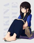  1girl absurdres bangs barefoot black_hair blue_kimono character_name closed_mouth commentary_request feet highres inoue_takina japanese_clothes kimono long_hair looking_at_viewer lycoris_recoil revision sitting solo tbear toenails toes violet_eyes 