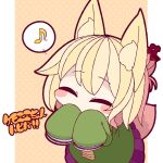  1girl animal_ear_fluff animal_ears bangs banned_artist blonde_hair blush_stickers borrowed_character brown_background closed_eyes commentary covered_mouth eighth_note fox_ears fox_girl fox_tail green_shirt hair_bun hair_ornament hands_up inunoko. kemomimi-chan_(naga_u) long_sleeves musical_note necktie orange_necktie original pleated_skirt polka_dot polka_dot_background purple_skirt shirt skirt sleeves_past_fingers sleeves_past_wrists solo spoken_musical_note tail translation_request two-tone_background white_background 