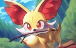  blurry clouds commentary_request day fangs fangs_out fennekin grass mouth_hold naoki_eguchi no_humans outdoors pokemon pokemon_(creature) sky solo standing stick 