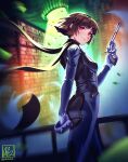  1girl absurdres alina_l black_scarf blue_bodysuit blurry blurry_foreground bodysuit braid brown_hair closed_mouth crown_braid from_side gloves grey_vest gun handgun highres holding holding_gun holding_weapon night niijima_makoto outdoors persona persona_5 red_eyes scarf shiny shiny_hair short_hair smile solo standing twitter_username vest weapon white_gloves 