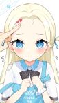  1girl blonde_hair blue_archive blue_eyes blush forehead halo highres inuyama_nanami long_hair looking_at_viewer scrunchie simple_background solo sora_(blue_archive) sweat upper_body white_background wrist_scrunchie 