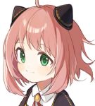  1girl ahoge anya_(spy_x_family) bangs close-up closed_mouth eden_academy_uniform green_eyes hair_ornament highres looking_at_viewer medium_hair pink_hair school_uniform simple_background smile solo spy_x_family sweetpotatojelly white_background 