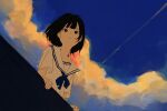  1girl 7ife bangs black_eyes black_hair blue_neckerchief blue_sky closed_mouth clouds cloudy_sky contrail evening highres neckerchief orange_clouds original outdoors sailor_collar school_uniform serafuku short_hair sky solo upper_body white_sailor_collar 