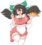  1girl alternate_costume apron bird_wings black_hair black_wings bow closed_eyes dress facing_viewer food green_bow hair_between_eyes hair_bow holding holding_plate leg_up long_hair maid_headdress mizusoba open_mouth plate red_dress red_footwear reiuji_utsuho simple_background smile solo thigh-highs touhou waist_apron white_apron white_background white_thighhighs wings 