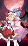  2girls absurdres bat_wings blonde_hair blue_hair bow closed_mouth commentary crystal dress flandre_scarlet full_moon hat hat_ribbon highres mob_cap moon multiple_girls one_eye_closed orchid_(orukido) outdoors pink_headwear pink_shirt pink_skirt red_dress red_eyes red_moon red_nails red_ribbon remilia_scarlet ribbon shirt short_hair short_sleeves siblings sisters skirt smile touhou white_bow white_headwear wings wrist_cuffs 