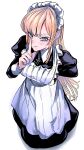  1girl apron blonde_hair blue_eyes finger_to_mouth from_above fufu_(fufuichi04) green_eyes hand_on_hip highres looking_at_viewer looking_uo maid maid_headdress original simple_background solo white_background 