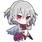  1girl angel_wings blush bow chibi closed_mouth expressionless full_body grey_hair highres kishin_sagume long_sleeves looking_at_viewer red_bow red_eyes short_hair solo touhou wings yoriteruru 