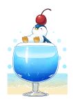  air_bubble aona_(noraneko) beach bird blush_stickers bubble cherry closed_eyes cup drink drinking_glass floating food food_on_head fruit iceberg no_humans object_on_head ocean original penguin sand sitting undersized_animal water 