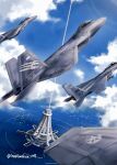  ace_combat ace_combat_7 aircraft airplane artist_name bird blue_sky clouds count_(ace_combat_7) day f-15_eagle f-22_raptor fighter_jet haniwakun_2019 highres huxian jet lighthouse military military_vehicle pilot scenery sky strider_squadron structure sunlight tower trigger_(ace_combat) twitter_username water 