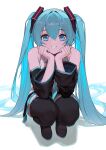  1girl absurdres bangs bare_shoulders black_thighhighs blue_eyes blue_hair boots detached_sleeves grin hatsune_miku highres long_hair looking_at_viewer smile solo squatting thigh-highs thigh_boots twintails vertigris very_long_hair vocaloid white_background 