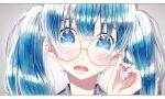  1girl blue_eyes blue_hair border d: earrings glasses hatsune_miku highres jewelry letterboxed long_hair looking_at_viewer nail_polish namikaze_bon open_mouth portrait red_nails round_eyewear shiny shiny_hair solo twintails vocaloid white_border yellow-framed_eyewear 
