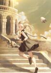  1girl :o absurdres architecture bandaged_knees blonde_hair bridge collar dress fio_(nier) fleeing flying ghost highres long_hair looking_back mama_(nier) nier_(series) nier_reincarnation open_mouth pillar rubble running sepia shorts sleeveless sleeveless_dress stairs stone_stairs tarantulaines twintails wristband yellow_eyes 