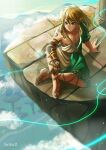  1boy asymmetrical_gloves asymmetrical_sleeves bangs blonde_hair blue_eyes blue_sky closed_mouth clouds cloudy_sky commentary_request day highres male_focus on_floor outdoors pillar pointy_ears sakuya_996 sandals sitting sky solo stone_floor the_legend_of_zelda the_legend_of_zelda:_breath_of_the_wild 