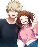  1boy 1girl :d ^_^ arm_around_back bakugou_katsuki black_shirt blonde_hair boku_no_hero_academia brown_eyes closed_eyes fuuka_(fu-haru) highres looking_at_viewer midriff_peek navel pink_shirt red_eyes shirt short_hair simple_background smile spiky_hair uraraka_ochako white_background 