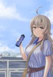  1girl ahoge artist_name blue_dress blue_sky bottle cityscape clouds dated day dress grey_eyes grey_hair highres kantai_collection long_hair looking_at_viewer nnm official_alternate_costume outdoors sky solo upper_body washington_(kancolle) 