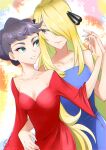  2girls blonde_hair breasts cynthia_(pokemon) diantha_(pokemon) dress green_eyes grey_hair hair_ornament highres long_hair multiple_girls pokemon short_hair yao_(evep3835) yellow_eyes yuri 