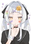  1girl absurdres bandaid bandaid_on_face bangs black_choker black_ribbon black_shirt blunt_bangs choker facial_mark finger_to_mouth grey_hair hair_ornament hair_ribbon hairclip highres hololive long_hair looking_at_viewer murasaki_shion oisiimizu ribbon shirt short_eyebrows sidelocks solo twintails virtual_youtuber wrist_cuffs x_hair_ornament yellow_eyes 