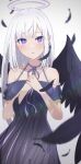  1girl absurdres angel angel_wings bangs black_dress blunt_bangs blush camui1104 collarbone dress emilia_(re:zero) fallen_angel falling_feathers halo hands_on_own_chest highres long_hair looking_at_viewer pointy_ears re:zero_kara_hajimeru_isekai_seikatsu simple_background solo standing violet_eyes white_background white_hair wings 