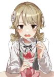  1girl bangs black_bow black_bowtie blonde_hair bow bowtie brown_eyes collared_shirt cup drill_hair food frilled_shirt_collar frills fruit green_vest hair_ornament haruyuki_(gffewuoutgblubh) holding holding_cup holding_spoon ice_cream idolmaster idolmaster_cinderella_girls idolmaster_cinderella_girls_starlight_stage light_frown long_sleeves looking_at_viewer medium_hair morikubo_nono open_mouth shirt simple_background sitting sketch solo spoon straight-on strawberry sundae table vest white_background white_shirt 