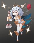  1girl absurdres balloon birthday birthday_cake blue_scarf blush cake cake_slice closed_eyes eating floating floating_object food fork fruit genshin_impact gradient gradient_background grey_footwear grey_hair grey_theme hair_between_eyes hair_ornament halo hand_on_own_face hat highres holding holding_fork paimon_(genshin_impact) party_hat plate ricardo_contreras scarf signature single_thighhigh solo sparkle star_(sky) star_(symbol) strawberry thigh-highs wide_sleeves 