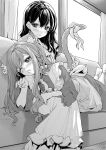  2girls blush bow closed_mouth commentary_request curtains fang greyscale hair_bow highres indoors monochrome multiple_girls one_eye_closed open_mouth original split_mouth tail tail_bow tail_ornament yuri zanka_(the-only-neat) 