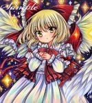  1girl bangs blonde_hair blue_background blush bow bowtie cowboy_shot dress embellished_costume feathered_wings frilled_bow frilled_dress frilled_vest frills gengetsu_(touhou) hair_bow long_sleeves looking_at_viewer marker_(medium) medium_hair own_hands_together parted_lips red_bow red_bowtie red_ribbon red_vest ribbon rui_(sugar3) sample_watermark solo sparkle spread_wings standing touhou touhou_(pc-98) traditional_media vest white_dress white_wings wings yellow_eyes 