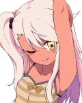  1girl :q arm_up armpits arms_behind_head asymmetrical_bangs bangs bare_arms chloe_von_einzbern collarbone dark-skinned_female dark_skin fate/grand_order fate/kaleid_liner_prisma_illya fate_(series) flat_chest looking_at_viewer one_eye_closed pink_hair ribbon shirt side_ponytail simple_background sleeveless sleeveless_shirt smile solo striped striped_shirt tongue tongue_out user_wktr4845 white_background yellow_eyes 