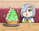  1girl blue_eyes commentary dessert food grey_hair grey_sailor_collar hair_ornament hair_over_one_eye hairclip hama!_(3toshinhmkz) hamakaze_(kancolle) ice_cream kantai_collection neckerchief no_nose sailor_collar school_uniform serafuku shaved_ice short_hair solo yellow_neckerchief 