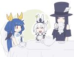  1other 2girls absurdres animal_ears ascot bbhdrrr black_hair blue_hair cup dizzy_(guilty_gear) elphelt_valentine fake_animal_ears guilty_gear guilty_gear_strive hairband hat highres multiple_girls red_eyes smile spiked_hairband spikes table teacup teapot testament_(guilty_gear) top_hat twintails white_hair 