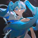  1girl bare_shoulders blue_eyes blue_hair chromatic_aberration earrings eyelashes gem hair_between_eyes hatsune_miku highres ilion jewelry long_eyelashes long_hair parted_lips pearl_(gemstone) solo twintails very_long_hair vocaloid 