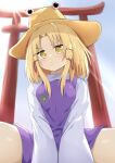 1girl absurdres bangs blonde_hair blush breasts closed_mouth commentary daru_(kumakumadon) day dot_nose forehead hat highres light_rays long_sleeves looking_down medium_hair moriya_suwako parted_bangs pout purple_skirt purple_vest shirt sidelocks sitting skirt small_breasts solo sunbeam sunlight thighs torii touhou vest white_shirt white_sleeves 