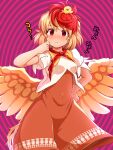  1girl @_@ animal_on_head bangs bird bird_on_head bird_tail bird_wings blonde_hair blush breasts brown_dress chick chicken commentary_request covered_navel dress feathered_wings hand_on_hip highres holding hypnosis looking_at_viewer low_wings medium_hair mind_control multicolored_hair niwatari_kutaka nose_blush on_head orange_dress parted_lips peso_(cheese_company) puffy_short_sleeves puffy_sleeves purple_background red_eyes redhead shiny shiny_skin shirt short_sleeves small_breasts solo spiral_background standing sweat tail tail_feathers touhou translation_request two-tone_hair whistle white_shirt wings yellow_wings 