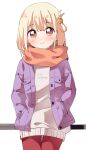  1girl blonde_hair blush closed_mouth hair_ornament hairclip hands_in_pockets haru_(konomi_150) highres jacket leaning_on_object looking_at_viewer lycoris_recoil nishikigi_chisato official_alternate_costume one_side_up orange_eyes orange_scarf pants purple_jacket red_pants scarf shirt short_hair simple_background smile solo standing white_background white_shirt 