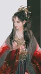  1girl chinese_clothes closed_mouth expressionless hair_bun hair_ornament hanfu holding holding_jewelry jewelry long_hair long_sleeves looking_to_the_side original realistic shiny shiny_hair solo third-party_source two-tone_background upper_body washanapple 
