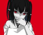  1girl arknights bangs closure_(arknights) collarbone covering_mouth isene limited_palette long_hair off_shoulder one-hour_drawing_challenge pointy_ears red_background red_eyes shirt simple_background single_bare_shoulder solo two_side_up 