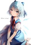  1girl bangs blue_bow blue_dress blue_eyes blue_hair bow bowtie cirno closed_mouth dress hair_bow highres ice ice_wings looking_at_viewer natsume_suzuri pinafore_dress red_bow red_bowtie short_hair short_sleeves simple_background solo touhou twitter_username white_background wings 