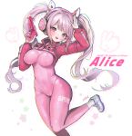  10_04ten 1girl absurdres alice_(goddess_of_victory:_nikke) blush bodysuit breasts goddess_of_victory:_nikke grey_hair gun handgun headset highres latex latex_bodysuit leg_up long_hair medium_breasts pink_bodysuit pink_eyes smile solo twintails very_long_hair weapon weapon_request 