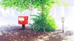  absurdres basket bicycle bicycle_basket commentary_request ground_vehicle highres hiraisaki no_humans original postbox_(outgoing_mail) road_sign scenery shadow sign tree 