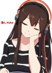 1girl 4690_(tkpbsk) akagi_(kancolle) bangs breasts brown_hair closed_eyes closed_mouth head_rest headphones kantai_collection large_breasts listening_to_music long_hair official_alternate_costume one-hour_drawing_challenge shirt simple_background solo striped striped_shirt twitter_username upper_body white_background 
