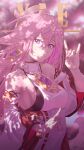  1girl absurdres animal_ears bare_shoulders blurry blurry_background bright_pupils character_name cherry_blossoms chromatic_aberration closed_mouth collarbone detached_sleeves earrings fingernails fox_ears fox_girl fox_shadow_puppet fox_tail gem genshin_impact hair_between_eyes highres jewelry long_hair looking_at_viewer outdoors pink_hair pink_nails pink_theme purple_gemstone ricardo_contreras signature single_earring smile solo tail tree turtleneck violet_eyes vision_(genshin_impact) white_pupils yae_miko 