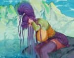  bangs breasts eiken huge_breasts long_hair looking_at_viewer looking_to_the_side misono_kirika mountain noaqin ponytail purple_hair school_uniform sitting_on_rock skirt solo thigh-highs very_long_hair violet_eyes water water_spring 