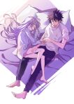  1boy 1girl bare_legs barefoot black_hair closed_eyes from_above grey_hair hand_on_another&#039;s_leg highres index_(toaru_majutsu_no_index) kamijou_touma long_hair lying naked_shirt on_back on_side open_mouth ouyin pants pillow purple_pants shirt short_hair sketch sleeping spiky_hair straight_hair t-shirt toaru_majutsu_no_index twitter_username very_long_hair white_shirt 