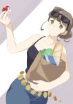  1girl 34_(sanjushi) beauty_(pokemon) breasts brown_eyes brown_hair collarbone denim highres holding holding_poke_ball jeans looking_at_viewer open_mouth pants poke_ball poke_ball_(basic) pokemon pokemon_(game) pokemon_xy short_hair solo sunglasses 