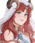  1girl arabian_clothes bangs bare_shoulders blush curled_horns eyelashes forehead_jewel genshin_impact green_eyes highres horns jewelry lips long_hair looking_at_viewer necklace nilou_(genshin_impact) nokkusuart parted_lips profile redhead smile solo twitter_username veil 